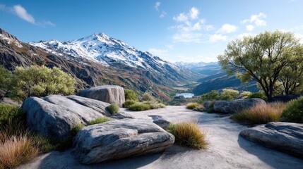 Panoramic Mountain Vista With Snow Capped Peaks Rocky Outcrops And Autumn Foliage Under A Clear Blue Sky With Wispy Clouds
