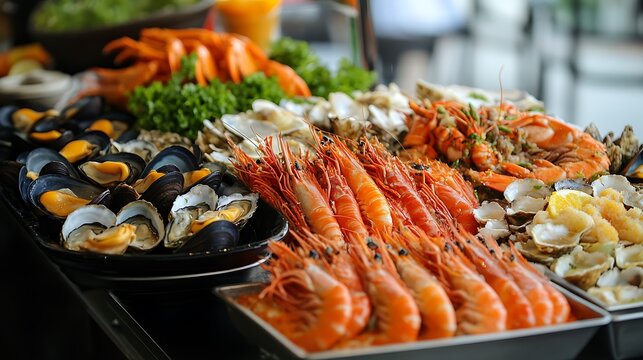 Seafood buffet with prawn oysters crabs and mussels