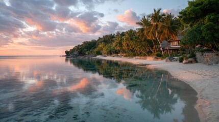 Peaceful tropical beach at sunset with silhouetted palm trees and calm ocean reflecting pink and orange clouds in a serene coastal landscape