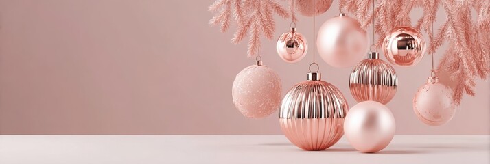 Minimalist Christmas spa background in soft blush pink and rose gold tones with gentle glow lighting, pine twigs, and delicate festive ornaments.