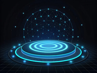 Fototapeta premium Tech stage concept, blue neon ring platform, grid element, futuristic design, vector illustration, sci-fi decor, digital innovation, product display, cosmic layout, modern technology.