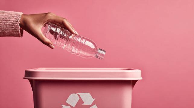 A hand throwing a plastic water bottle in a pink-toned background, symbolizing waste, recycling awareness, and environmental responsibility in modern style.