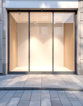 Empty shop display window illuminated with spotlights, showcasing clean lines