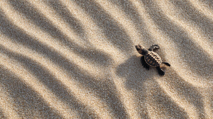 A small sea turtle hatchling crawls across a sandy beach towards the ocean.