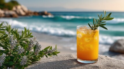 Refreshing Orange Tropical Cocktail With Ice Garnished With Green Herb Resting On Rocky Shore With Sandy Beach And Turquoise Ocean Waves In The Background At Golden Hour