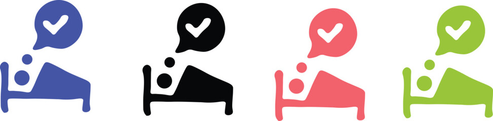 Four stylized beds with checkmarks in speech bubbles