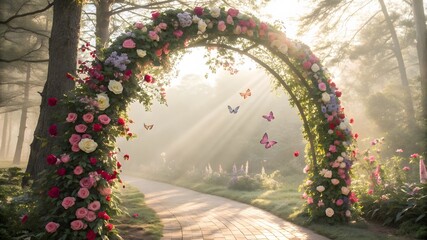 Enchanting floral archway adorned with roses and greenery leading down a sunlit forest path with butterflies fluttering