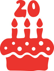 Red birthday cake with number 20 and candles twenty