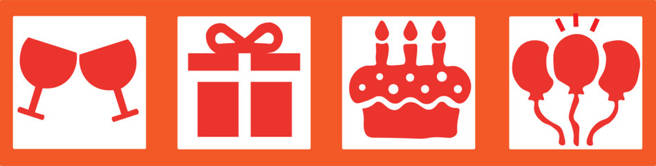 Red celebration icons toasting gift cake balloons party