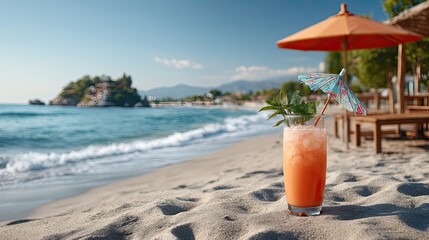 Refreshing Tropical Cocktail With Ice And Garnish Placed On Sandy Beach With Ocean Waves And Palm Trees In The Background On A Sunny Day