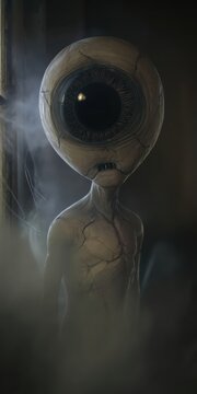 Una criatura con un ojo gigante y una expresi&oacute;n melanc&oacute;lica observa al espectador en un ambiente sombr&iacute;o.