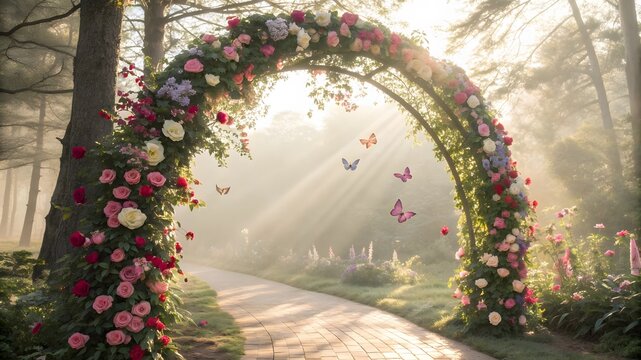 Enchanting floral archway adorned with roses and greenery leading down a sunlit forest path with butterflies fluttering
