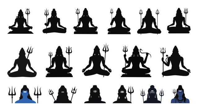 Lord shiva bholenath with trishul meditation black silhouette elenents: festival, mahashivratri, face, portrait, god, clip art, religion, spiritual, yoga, deity, india, divine, vector, illustration,
