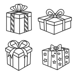 A collection of four hand drawn outline style gift boxes with ribbons and bows on a white background for celebrations