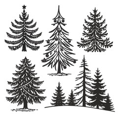 A collection of hand drawn black and white silhouette illustrations of various christmas trees and evergreen trees in different styles and sizes on a white background