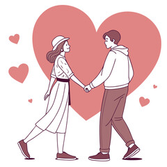 A couple holding hands and walking together in front of a large pink heart with smaller hearts scattered around them symbolizing love and romance