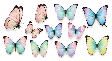 Vibrant collection of delicate pastel butterflies in flight, bringing a touch of nature's magic and whimsical beauty to any design project.