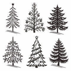 Collection of six stylized black and white christmas trees with varying decorations and silhouettes representing holiday cheer and festive season