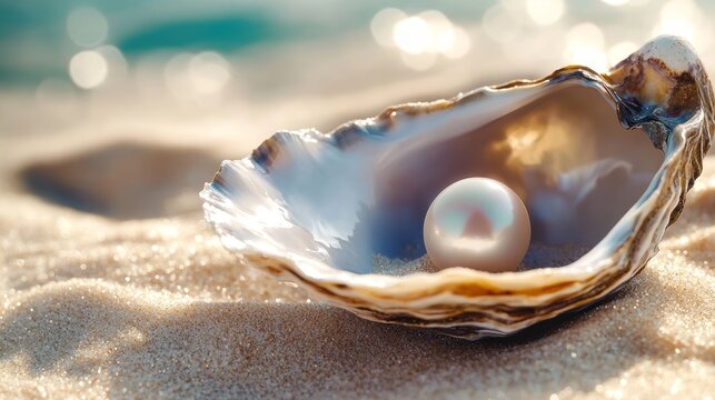 An open oyster shell with a single pearl shines under sunlight on the sand, expressing natural elegance, luxury and marine beauty captured through macro photography and coastal golden light reflection