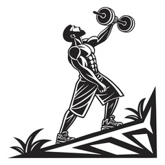 Muscular man with beard lifting dumbbell upwards on a rocky terrain with grass in a black and white stylized illustration