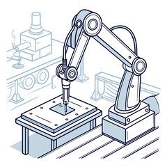 Modern industrial robotic arm precisely performing a delicate task on a manufacturing assembly line in a clean bright factory setting with automated machinery