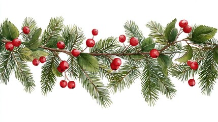Christmas garland with fir branches and red berries. Illustration for greeting cards and invitations isolated on white background