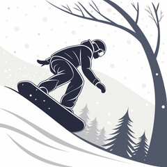 Silhouette of a snowboarder carving down a snowy slope amidst falling snowflakes and silhouetted pine trees and bare branches