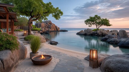 Romantic Twilight Scene With Glowing Tiki Torches And A Calm Ocean Cove Illuminated By Soft Evening Light