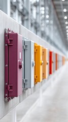 Row Of Colorful Electrical Boxes Mounted On A Concrete Beam Inside A Modern Industrial Building With Metal Structures In The Background And Natural Light.