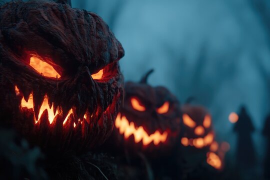 Una serie de calabazas talladas con expresiones amenazantes iluminadas por una luz anaranjada en un entorno oscuro y boscoso.