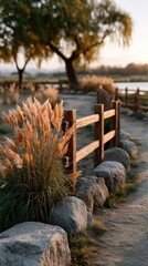 Rural Field Scene With Tall Grasses And An Old Wooden Fence Beside A Calm Lake At Golden Hour