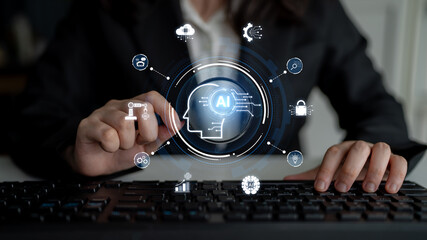 A concept of a global AI ecosystem centered on digital intelligence. Network integrates diverse applications like industrial automation, cloud computing, and fintech for worldwide innovation. Fermion