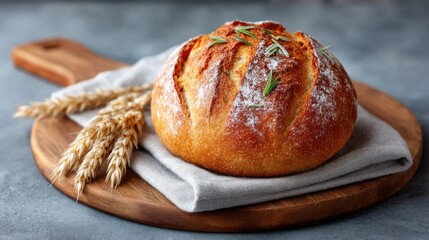Rustic Artisanal Bread Loaf With Rosemary Garnish And Wheat Stalks On A Wooden Cutting Board With Textured Gray Background Soft Natural Lighting