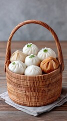 Rustic Bamboo Basket Filled with Steamed Buns and Fried Dumplings on Wooden Table with Gray Textured Background