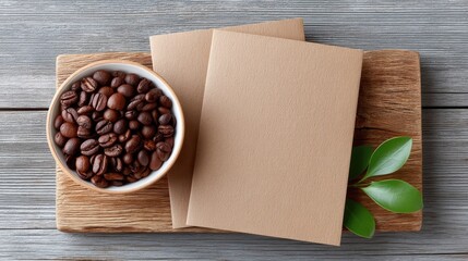 Rustic Flat Lay Featuring a Bowl of Roasted Coffee Beans and Blank Kraft Paper Cards on a Textured Wooden Surface with Green Leaves