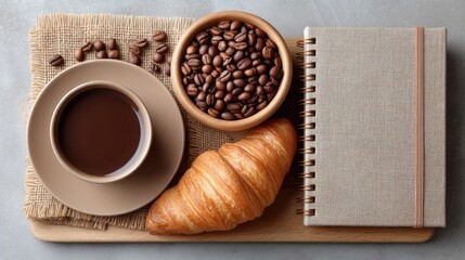 Rustic Flat Lay of a Warm Croissant and Rich Coffee Next to Roasted Beans and a Journal on a Textured Surface with Soft Natural Lighting