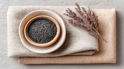 Rustic Flat Lay of Black Sesame Seeds in a Bowl on Textured Fabric with Dried Flowers Overhead View