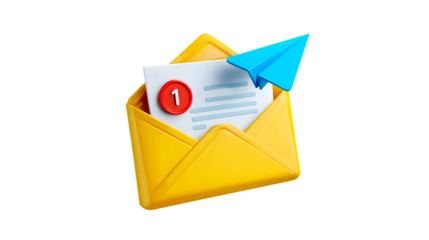 A yellow envelope holds a new message notification with a blue paper airplane symbolizing the sending and receiving of digital mail