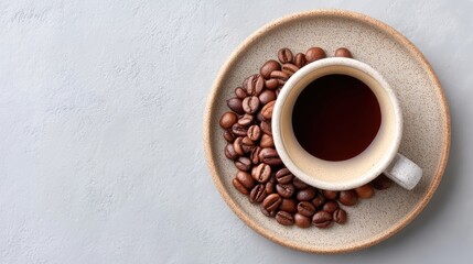Rustic Flat Lay of Roasted Coffee Beans and Freshly Brewed Coffee in a Ceramic Mug on a Speckled Plate on a Textured Gray Background with Natural Lighting