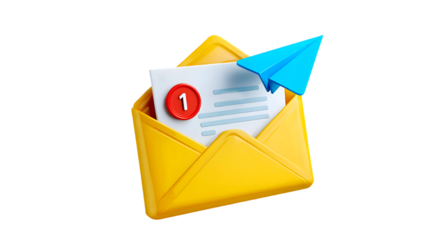 A yellow envelope holds a new message notification with a blue paper airplane symbolizing the sending and receiving of digital mail
