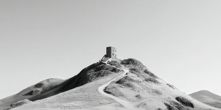 Una fortaleza solitaria se alza sobre una colina escarpada, envuelta en un paisaje monocrom&aacute;tico.