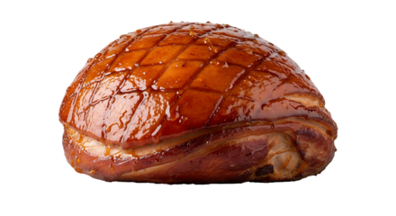 Roasted ham coated with honey and brown sugar, shiny golden crust, transparent