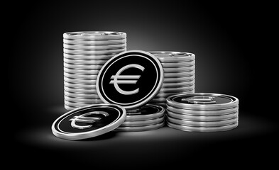 Stack Of Silver And Black European Euro Coins Set On Shiny Silver Glow Background 3d Illustration