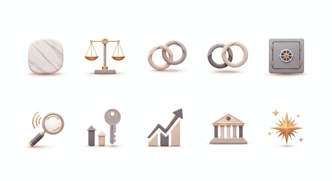 Elegant 3D Conceptual Icons for Finance, Law, Growth, and Security A Minimalist Collection for Professional Digital Projects