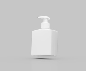 White blank pump bottle mockup for liquid soap, sanitizer, or lotion on grey 3d illustration