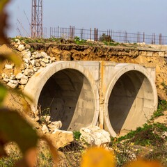 Two concrete culverts, set into a sunlit hillside