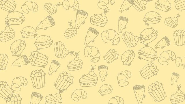 Charming food doodle pattern featuring hand-drawn icons of burgers, pizza slices, popcorn, and croissants on a soft yellow background