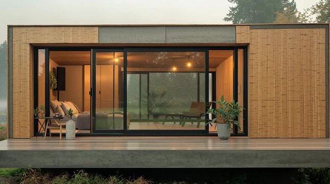 Modern tiny home oasis offers serene living amidst lush nature and misty landscapes.