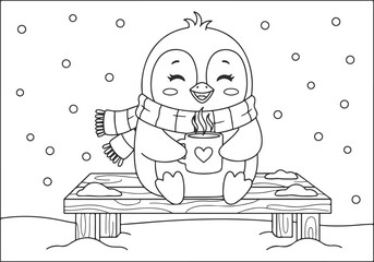 A cute cartoon penguin with a scarf and hot cocoa on a snowy bench, a fun winter-themed coloring page for kids b.eps illustration