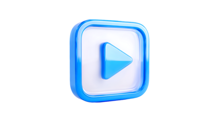 A glossy three dimensional blue play button icon with a triangle symbol inside a rounded square frame isolated against a transparent background